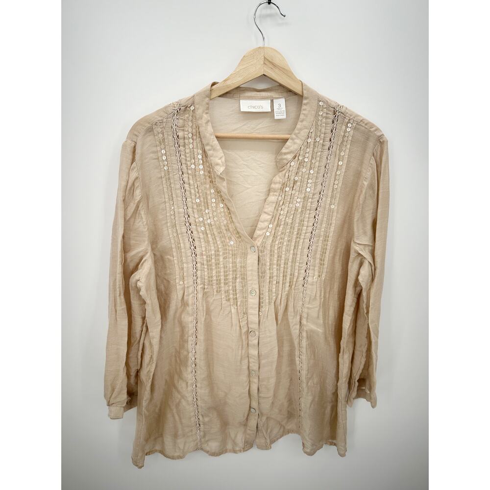 Chico's‎ Button Down Shirt Women XL Nude Cream Sequin V Neck Rayon Boho Top
